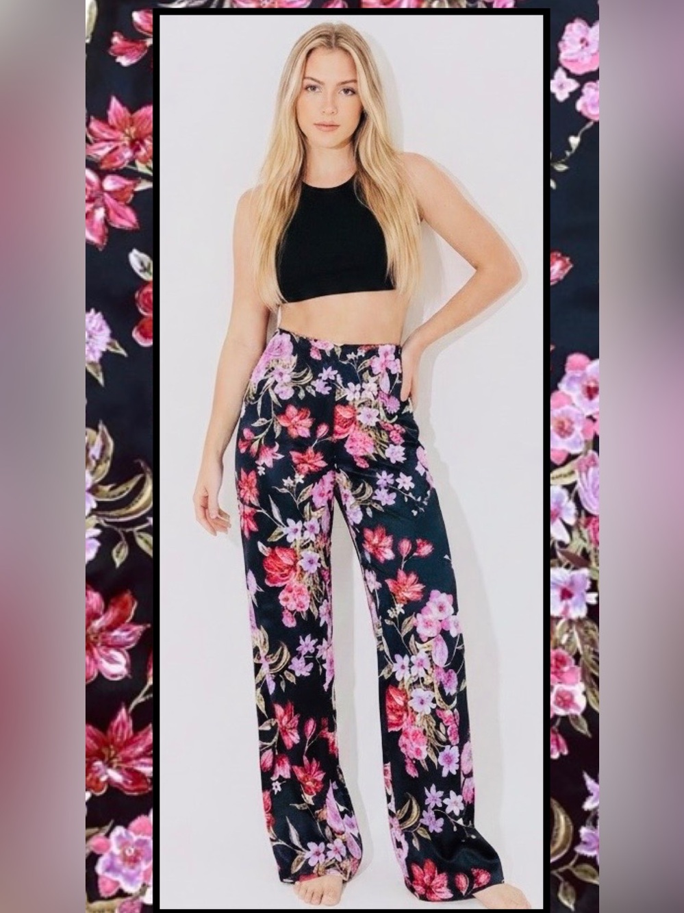 Gorgeous KAY UNGER Black Silk Satin Evening Pant Beads Sequins Floral Sz8